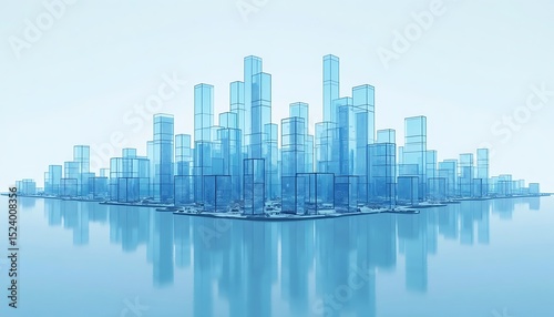 Abstract Cityscape Illustration with Blue Glass Buildings and Reflections Artwork