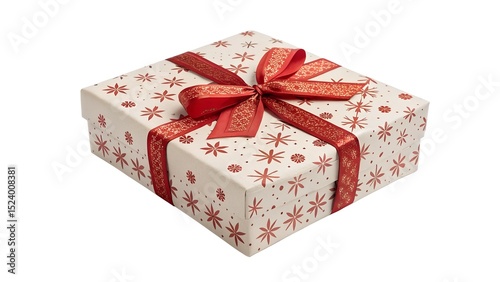 Caja de regalo decorativa con cinta roja y motivos festivos