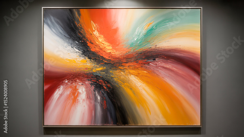 An abstract expressionist painting with vibrant colors dominated by warm oranges, reds, and black tones.