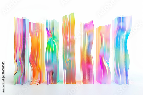 A set of abstract twisted holographic shapes stands on a white background 