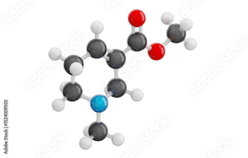 Arecoline molecule isolated on transparent background. Detailed 3D model of drug. Molecular formula: C8H13NO2. Chemical model: Ball and Stick. 3D illustration.
