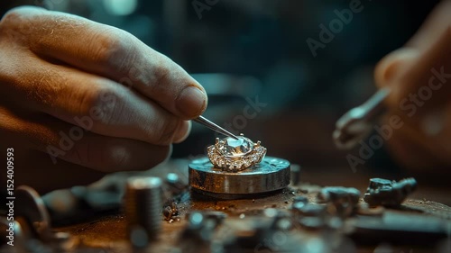 Close-up shot of jeweler crafting a precious gem ring with precision tools