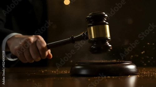 Judge slamming gavel on wooden block during intense court verdict in courtroom