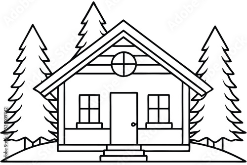 Simple Outline Drawing of a Cabin in the Woods with Pine Trees