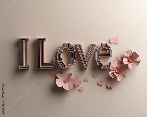 The word I Love with floral and heart decorations
