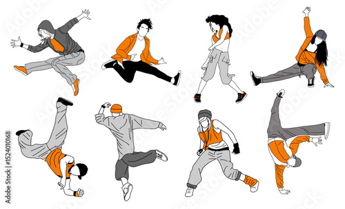 Set of teenager dancers hip hop, breakdance outline vector drawing isolated on transparen background. Young cool girl and boy dancing street dance colored sketch. Korean japanese asian thin line style