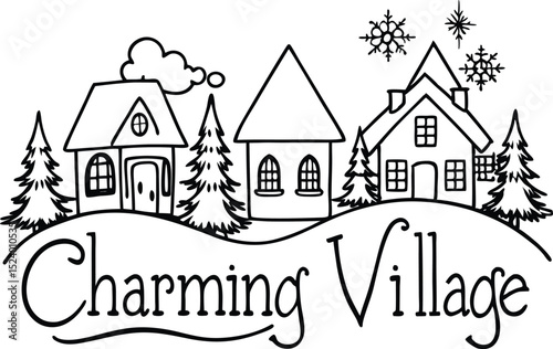 Black and White Charming Village Illustration with Houses Trees and Snowflakes