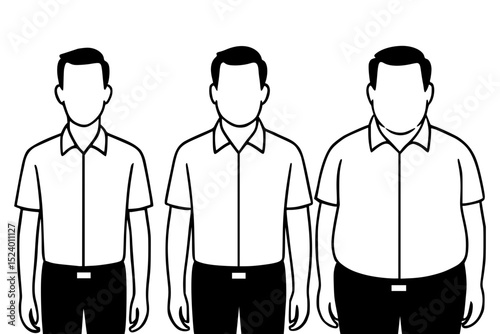 Minimalist male body shape variations in line art, featuring skinny, normal, and fat figures, ideal for anatomy and design references.
