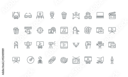 Drive in theater, dubbing, start countdown, projector thin black symbols vector illustration. Cinema and entertainment, movie film and performance production, Hollywood celebrity line icon set.