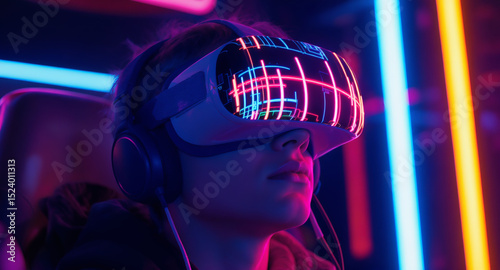 Close-up of a person wearing a futuristic VR headset with neon reflections, immersed in a vibrant virtual reality experience in a high-tech environment.