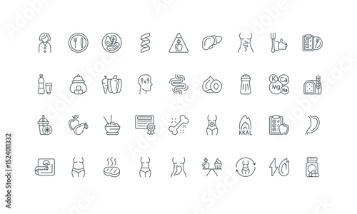 Vitamins and nutrients, overweight and slim woman body thin black symbols vector illustration. Healthy nutrition, balance of fats, proteins and carbohydrates in food, weight loss line icon set.