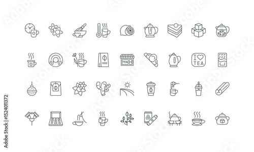 Morning traditional drink mug for energy and break, candy thin black symbols vector illustration. Tea time, green and black, matcha and bubble tea cup, pot and kettle, food snack line icon set.