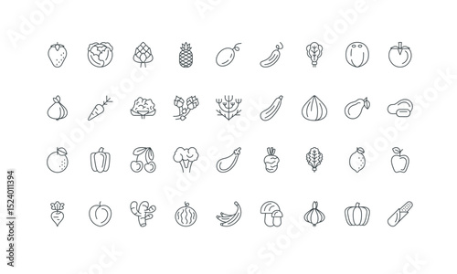 Corn tomato spinach onion garlic carrot pumpkin cucumber potato dill thin black symbols vector illustration. Vegetable and fruit, greens for vegan and vegetarian food cooking line icon set.