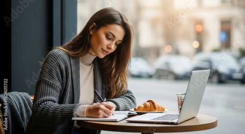 Woman Working in Urban Café at Sunrise
