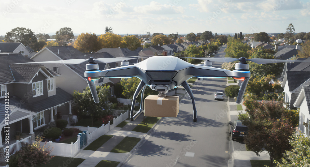 Fototapeta premium Futuristic drone delivering a package in a suburban neighborhood, showcasing advanced technology and innovation in modern logistics and transportation.