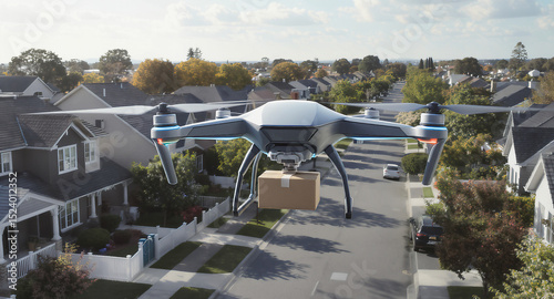Futuristic drone delivering a package in a suburban neighborhood, showcasing advanced technology and innovation in modern logistics and transportation.