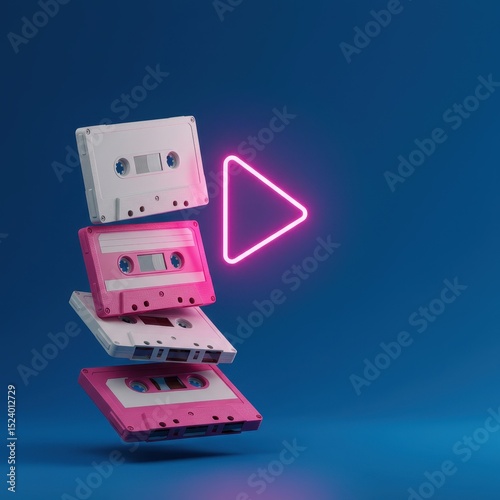 Stack of retro cassette tapes with glowing play icon