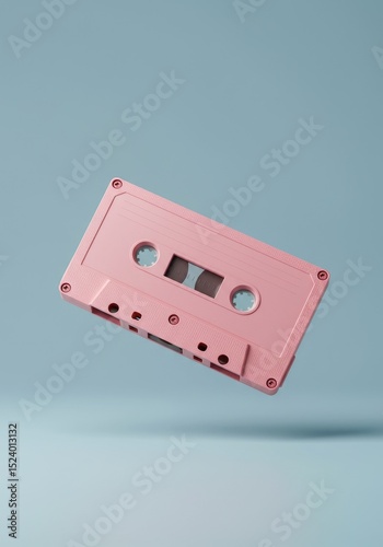 Pink cassette tape floating in the air on blue background