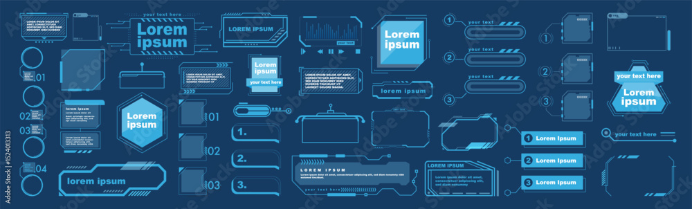Futuristic hud interface elements set. Sci-fi tech ui frames and gaming stream overlays vector illustration. HUD elements set isolated on transparent.