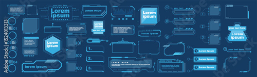 Futuristic hud interface elements set. Sci-fi tech ui frames and gaming stream overlays vector illustration. HUD elements set isolated on transparent.