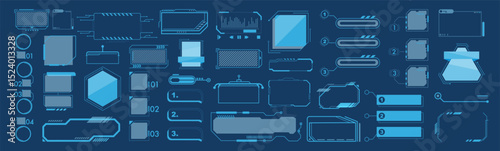 Futuristic hud interface elements set. Sci-fi tech ui frames and gaming stream overlays vector illustration. HUD elements set isolated on transparent.