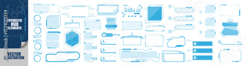 Futuristic hud interface elements set. Sci-fi tech ui frames and gaming stream overlays vector illustration. HUD elements set isolated on transparent.