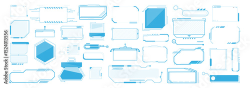 Futuristic hud interface elements set. Sci-fi tech ui frames and gaming stream overlays vector illustration. HUD elements set isolated on transparent.
