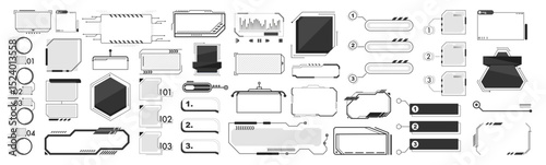 Futuristic hud interface elements set. Sci-fi tech ui frames and gaming stream overlays vector illustration. HUD elements set isolated on transparent.