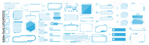 Futuristic hud interface elements set. Sci-fi tech ui frames and gaming stream overlays vector illustration. HUD elements set isolated on transparent.