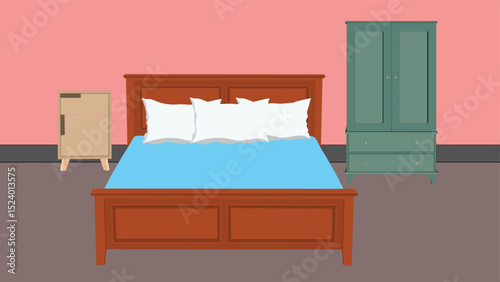Modern Bedroom Interior with Wooden Bed, Wardrobe, Nightstand, Pillows and Pastel Wall – Flat Vector Illustration for Home Decor, Furniture Design, Interior Concept, Real Estate

