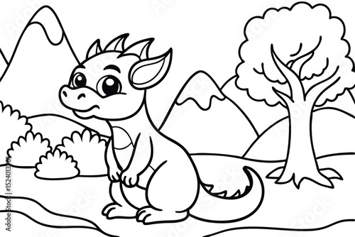 Cute Cartoon Dragon in a Mountain Landscape Coloring Page for Kids