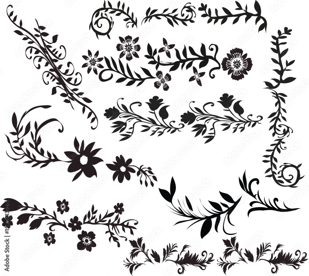 Fototapeta premium set of floral elements. black and white floral elements