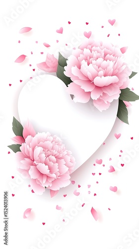 Beautiful pink flowers surrounding a white heart shaped card