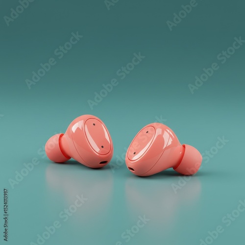 Two pink wireless earbuds on turquoise background
