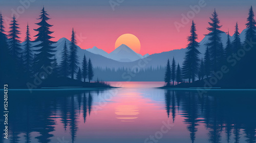 Pixel Art Sunset Over Mountain Lake