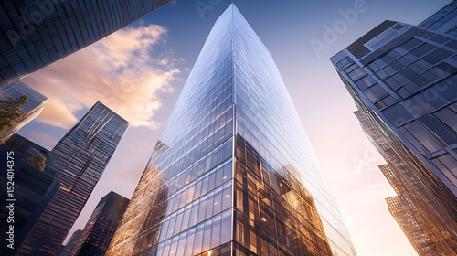 Modern Skyscrapers In City Skyline At Sunrise