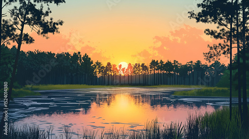 Pixel Art Sunset Over Forest Lake