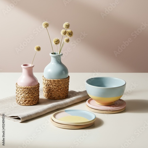 Ceramic bowl and vases with colorful decorative accents