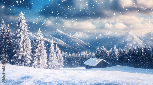 Snowy Mountain Landscape With Cabin And Pine Trees