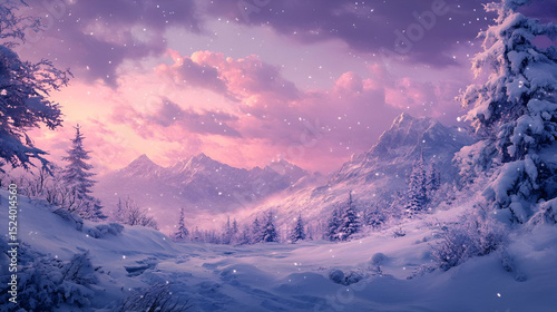 Snowy Mountain Landscape At Sunrise
