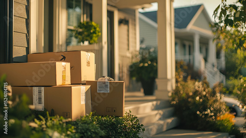 Stacked Cardboard Boxes On Front Porch Delivery