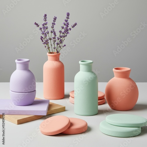 Pastel vases with lavender on white surface