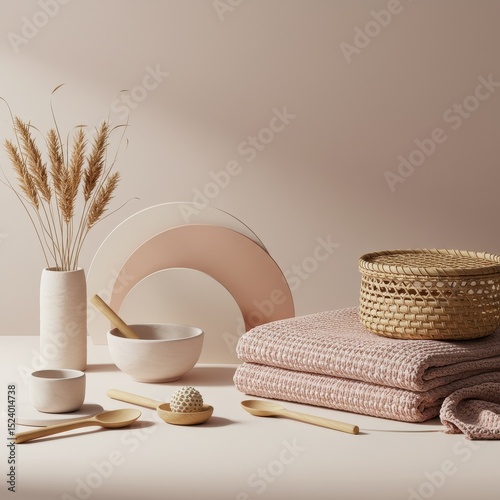 Beige spa composition with towel, vase, and basket