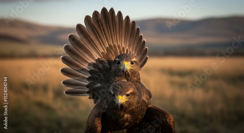 Two Hawks Stacked in Scenic Landscape
