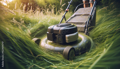 Close-up of spinning lawnmower blades cutting through thick overgrown grass in a natural park.
