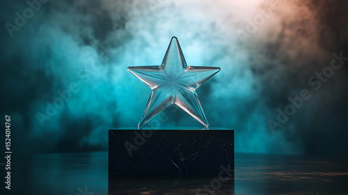 Glowing Crystal Star Award On Dark Podium