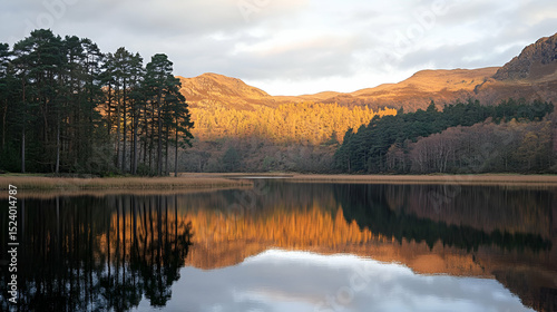Golden Sunset Reflection On Calm Lake With Trees and Mountains