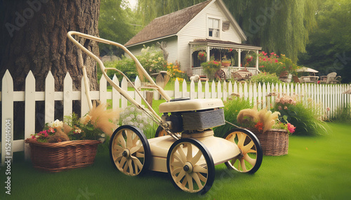 Vintage push reel lawnmower beside a white picket fence with flowers and trees in the background.