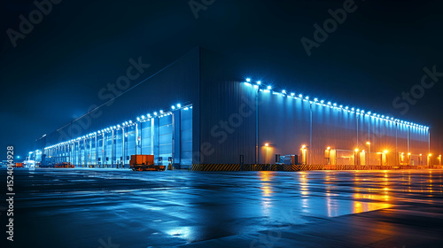 Illuminated Warehouse At Night With Reflections