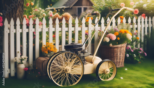 Vintage push reel lawnmower beside a white picket fence with flowers and trees in the background.